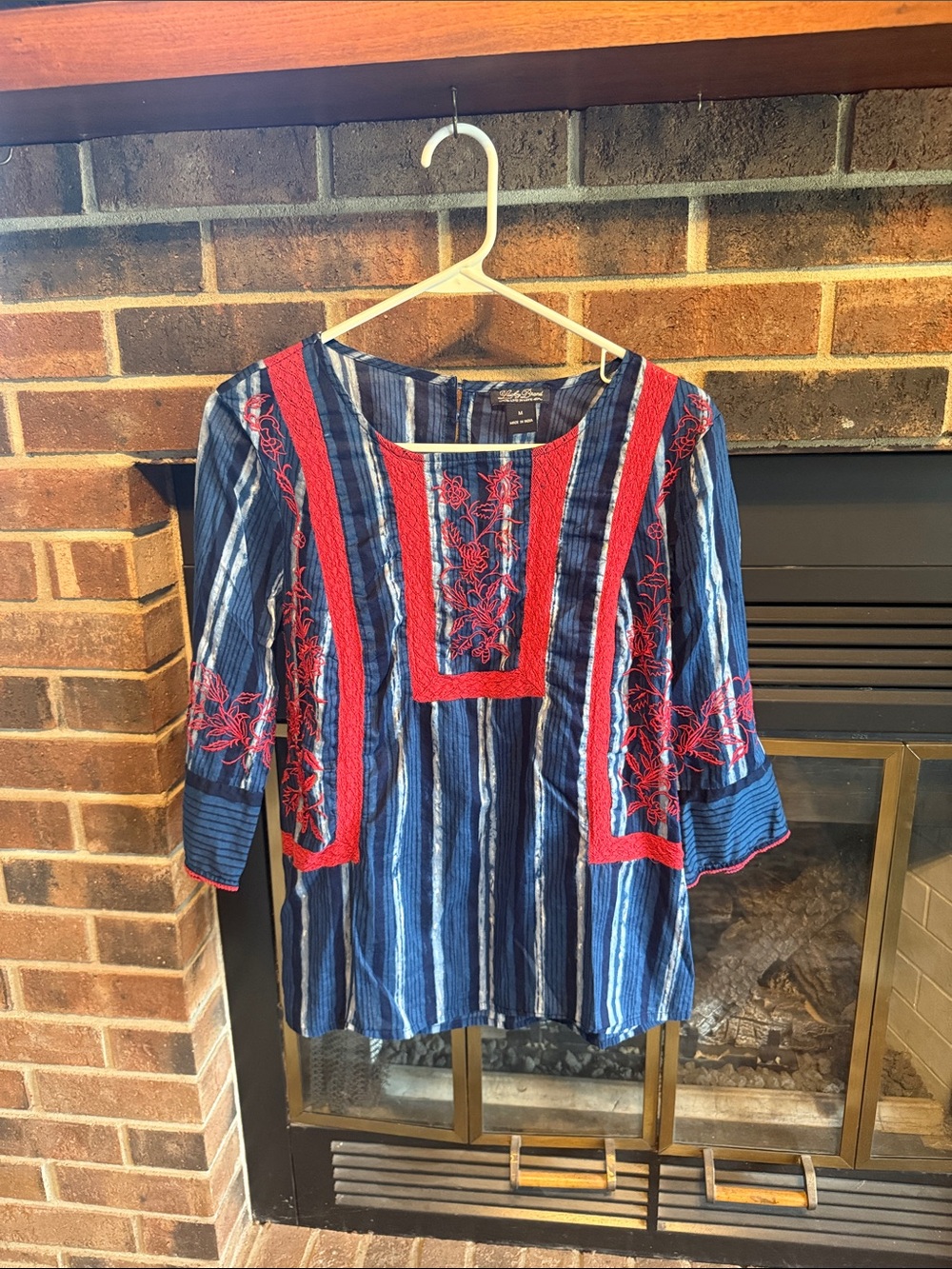 Lucky Brand Blue Striped Blouse with Red Embroidered Panels